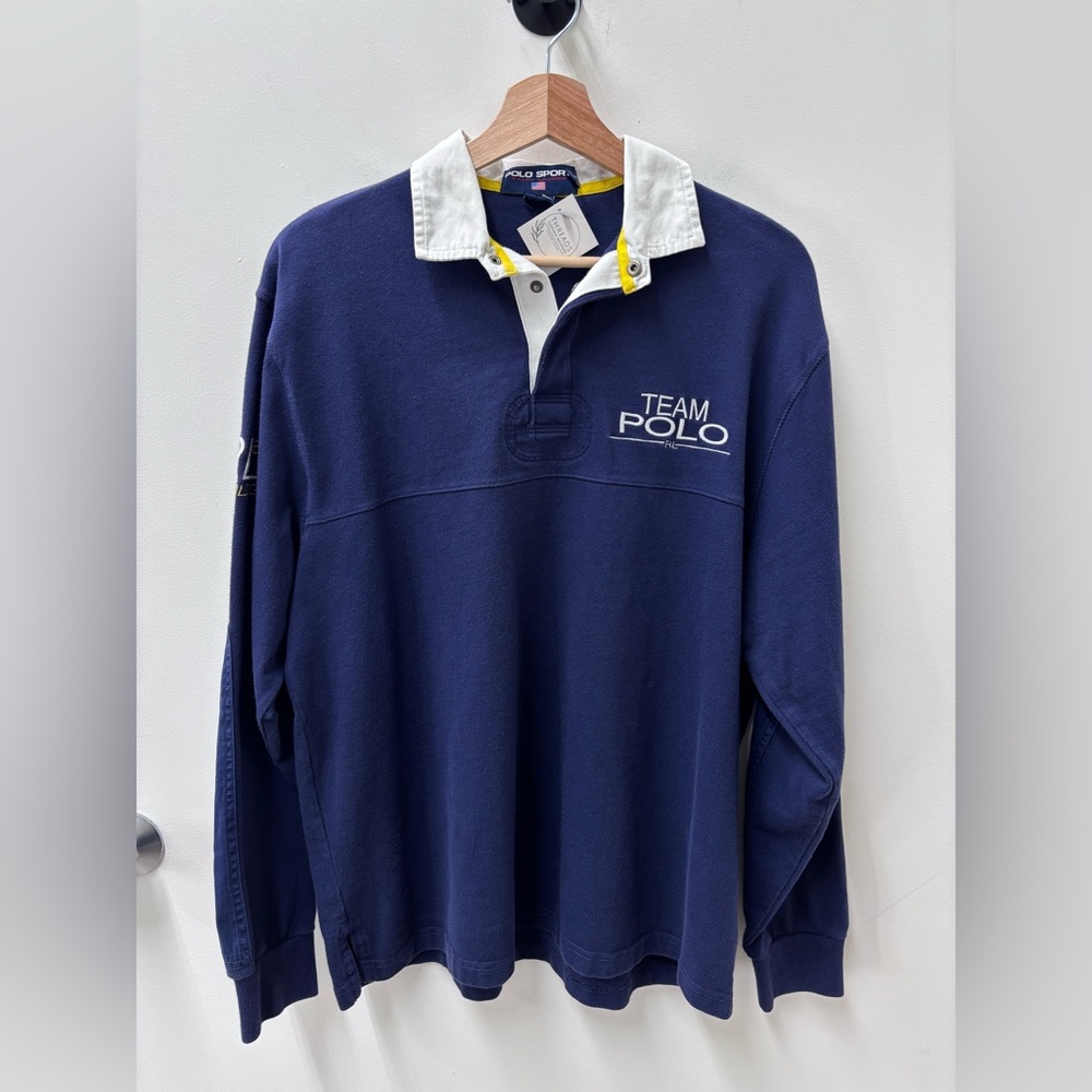Vintage Polo by Ralph Lauren Men's Blue and White Team Shirt